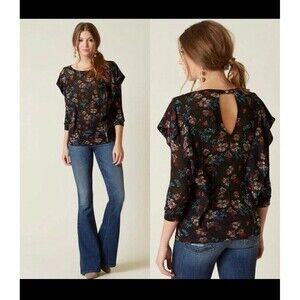 Free People Floral Ruffle Blouse Black Sz L Sheer and Sliming Boho Chic EUC